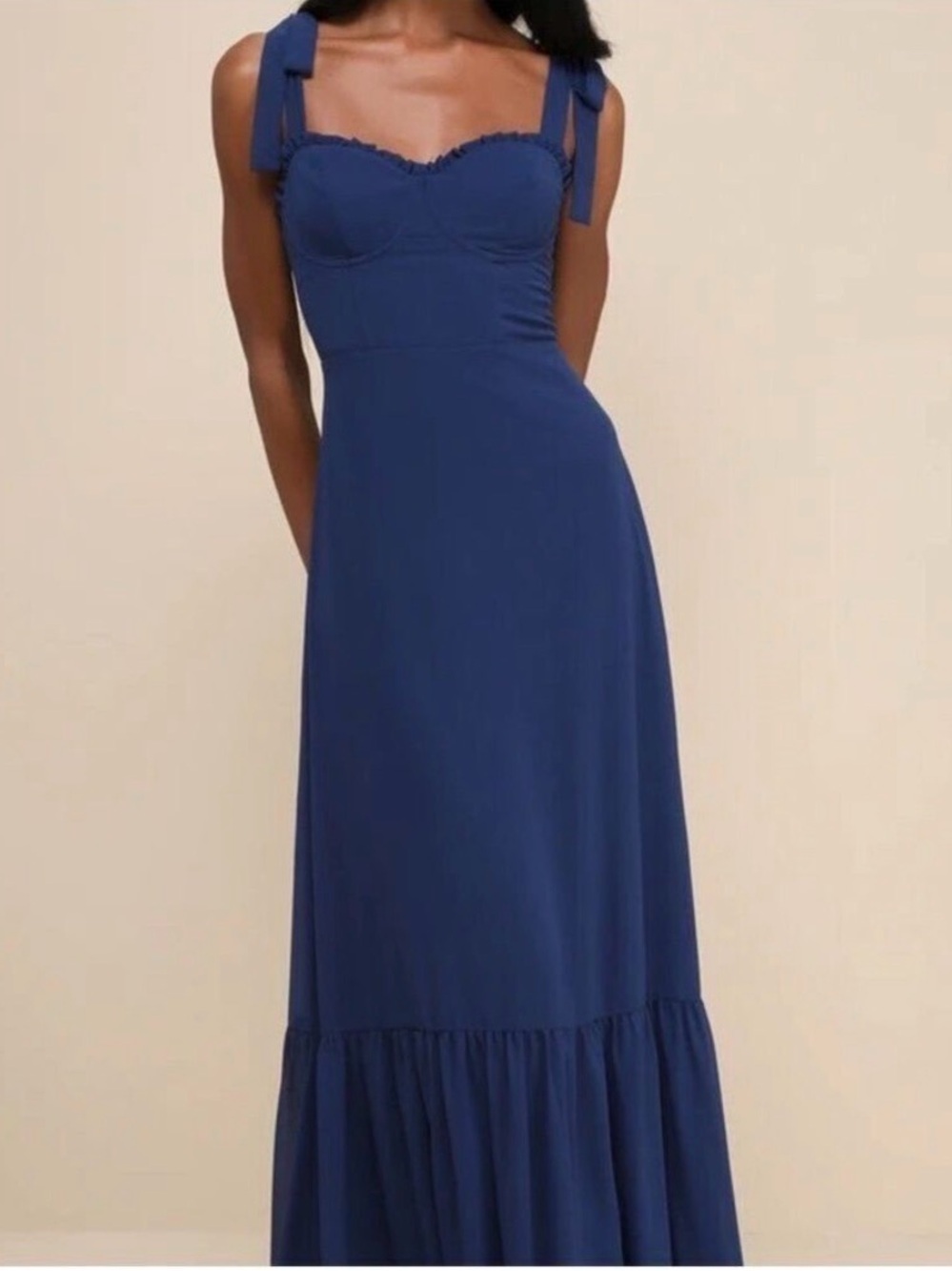 EUC Lulu's Truly Gorgeous Dark Blue Ruffled Bustier Tie-Strap Maxi Dress Size XL
